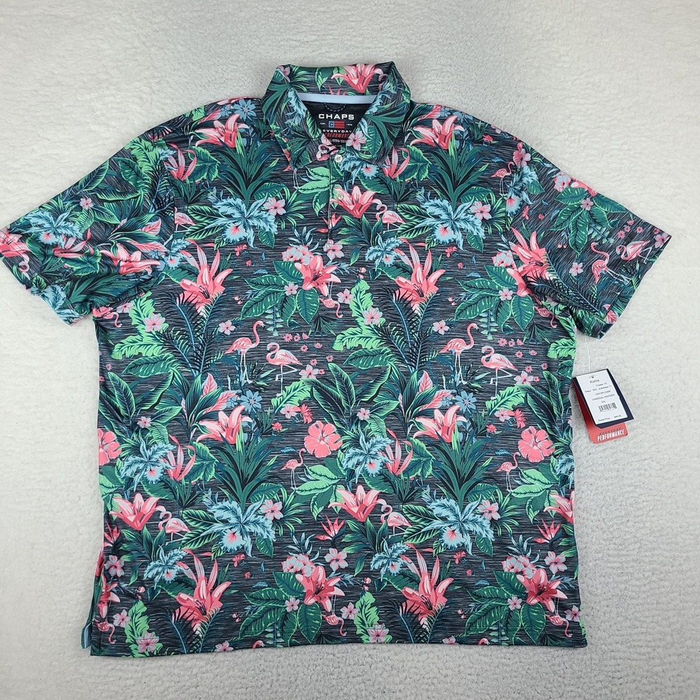 CHAPS Polo Shirt Mens 2XL XXL Green Blue Floral Everyday Performance NWT NEW